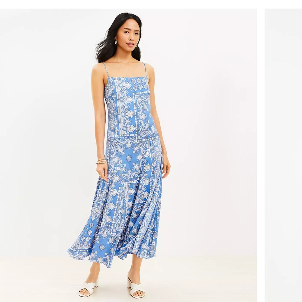 LOFT Blue Paisley-Print Maxi Dress with Spaghetti Straps